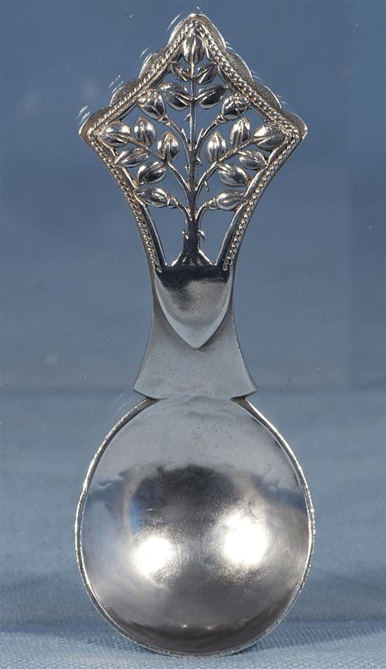 A George V Arts & Crafts silver Tree of Life caddy spoon, by Henry George Murphy, Length 99mm Weight 0.9oz/31grms